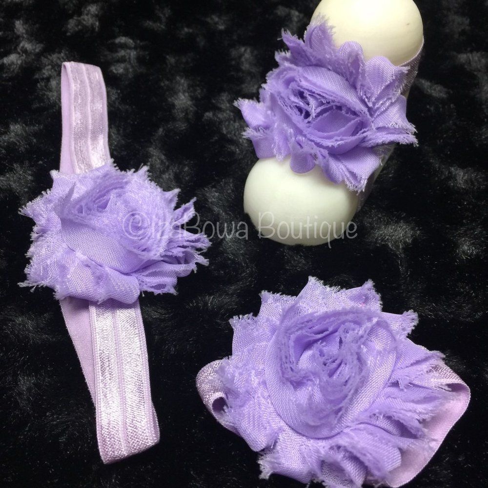 Lavender Shabby Flower Barefoot Sandal & Headband BFS103 Handmade NWT